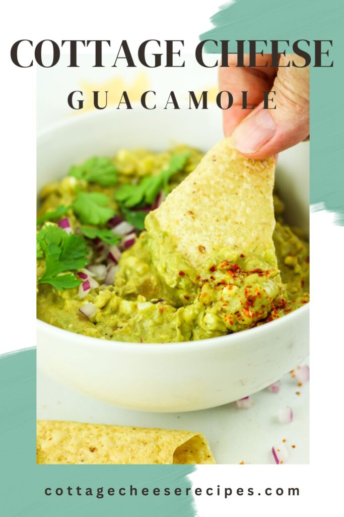 A bowl of cottage cheese guacamole with chips to enjoy this high protein dip.