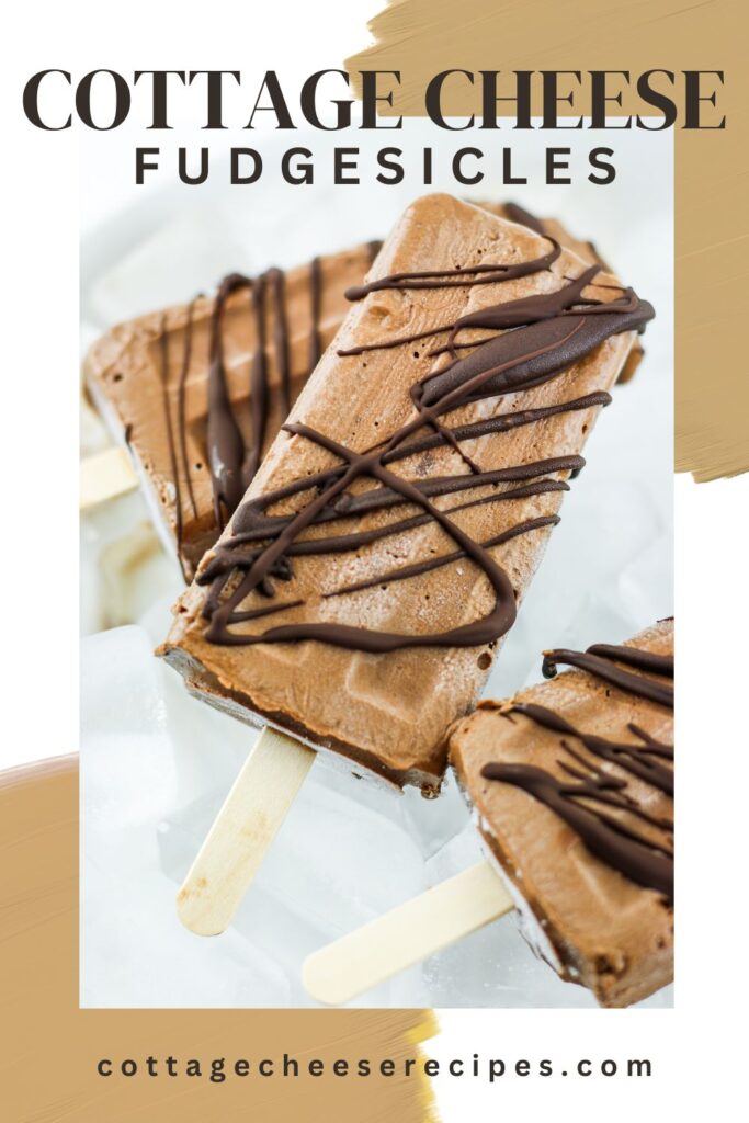 Chocolate drizzled fudgesicles made with cottage cheese.