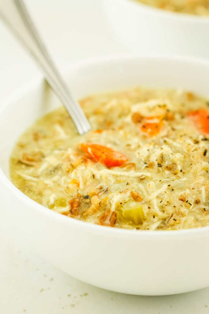 A hearty bowl of crockpot cottage cheese chicken wild rice soup.