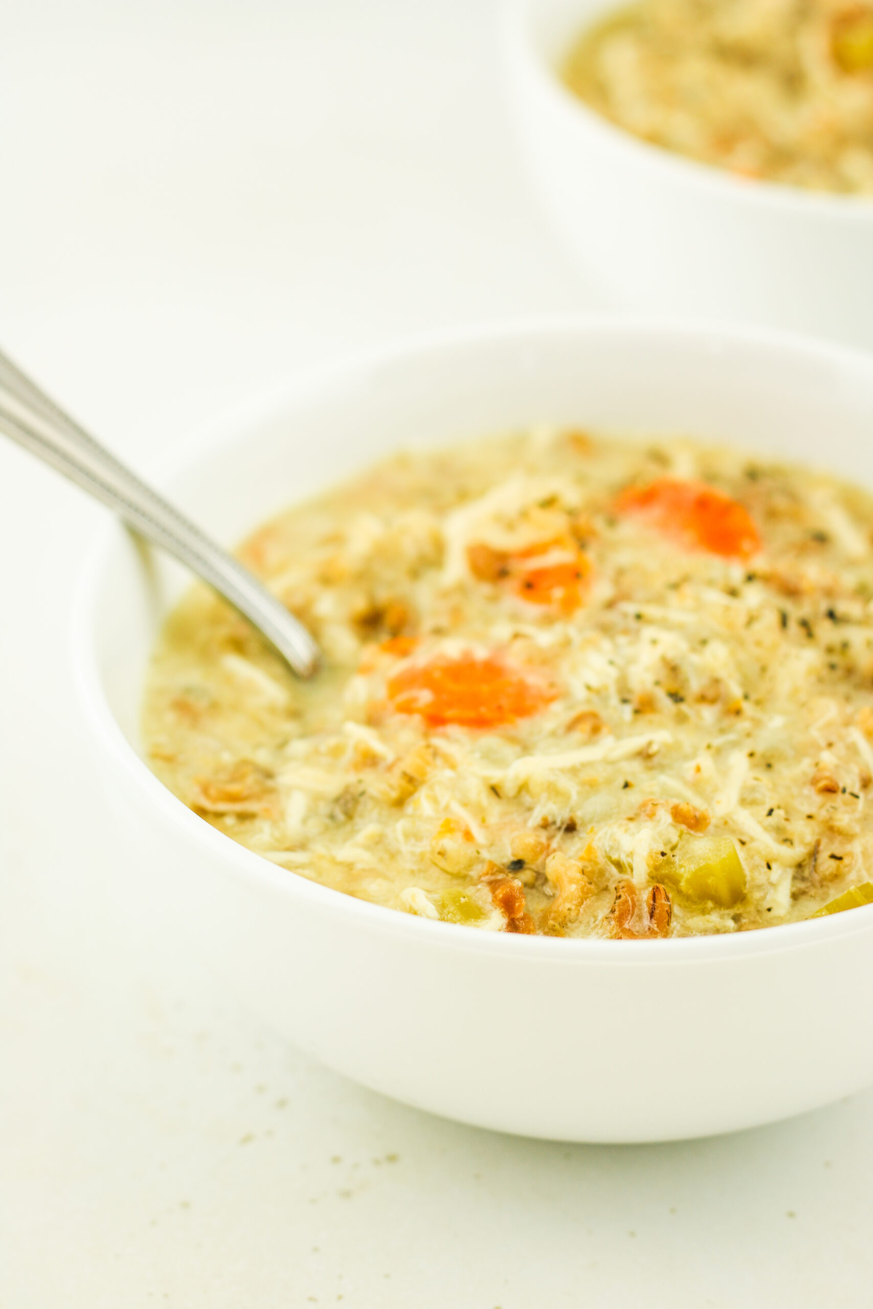 A hearty bowl of crockpot cottage cheese chicken wild rice soup.