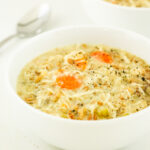 A hearty bowl of crockpot cottage cheese chicken wild rice soup.