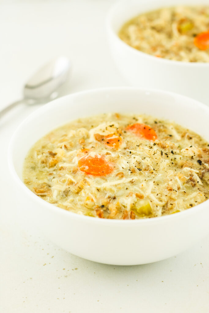 A hearty bowl of crockpot cottage cheese chicken wild rice soup.