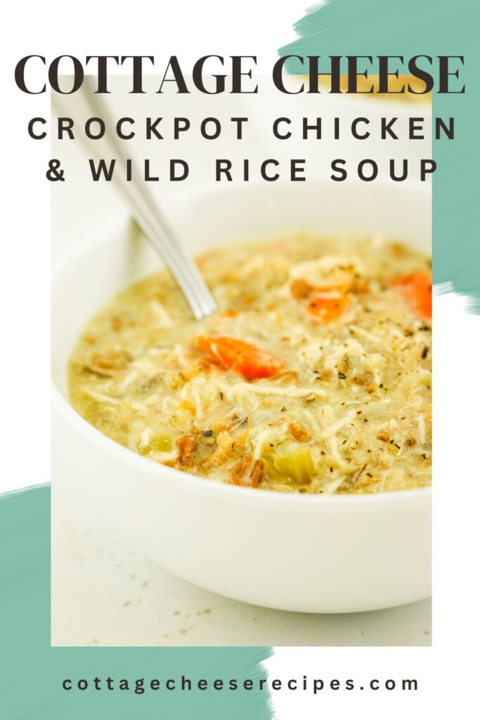 A hearty bowl of crockpot cottage cheese chicken wild rice soup.