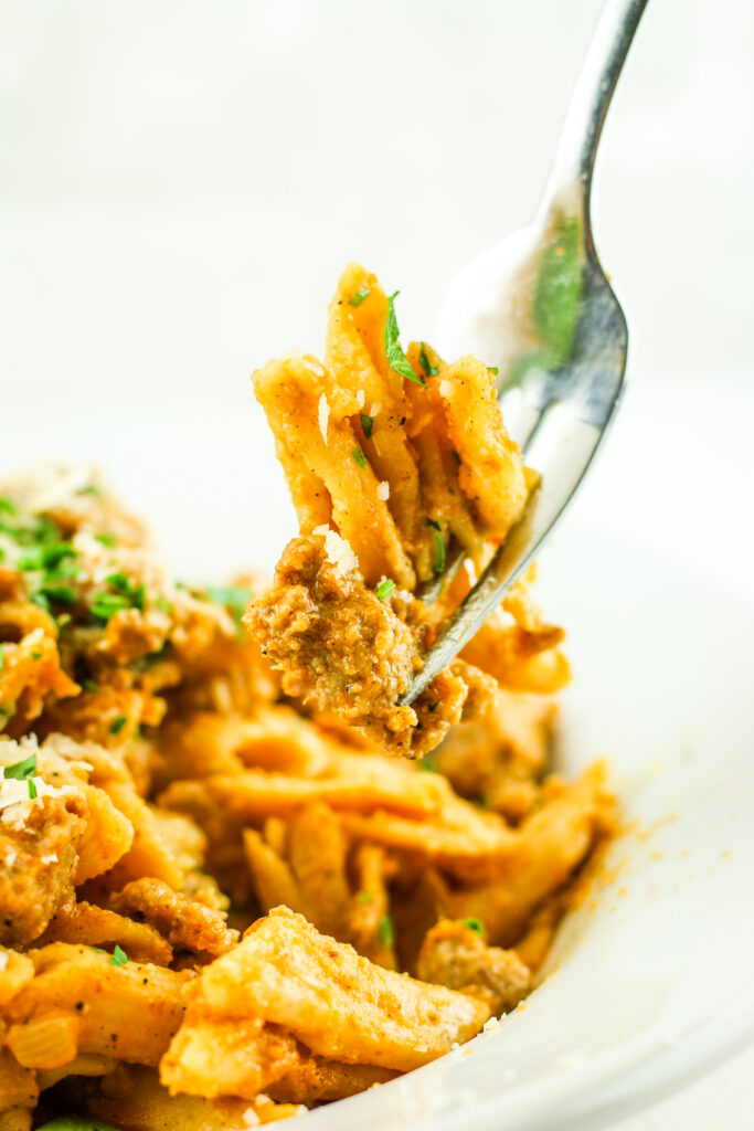 Bowl of cozy Cottage Cheese Pumpkin Sausage Pasta.