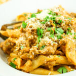 Bowl of cozy Cottage Cheese Pumpkin Sausage Pasta.