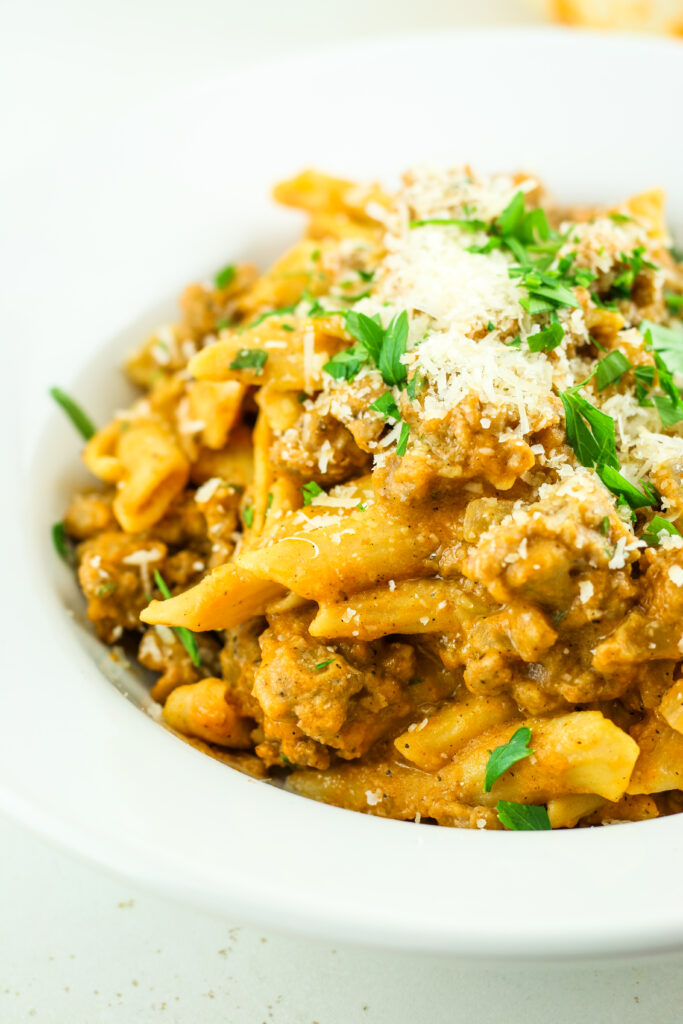 Bowl of cozy Cottage Cheese Pumpkin Sausage Pasta.