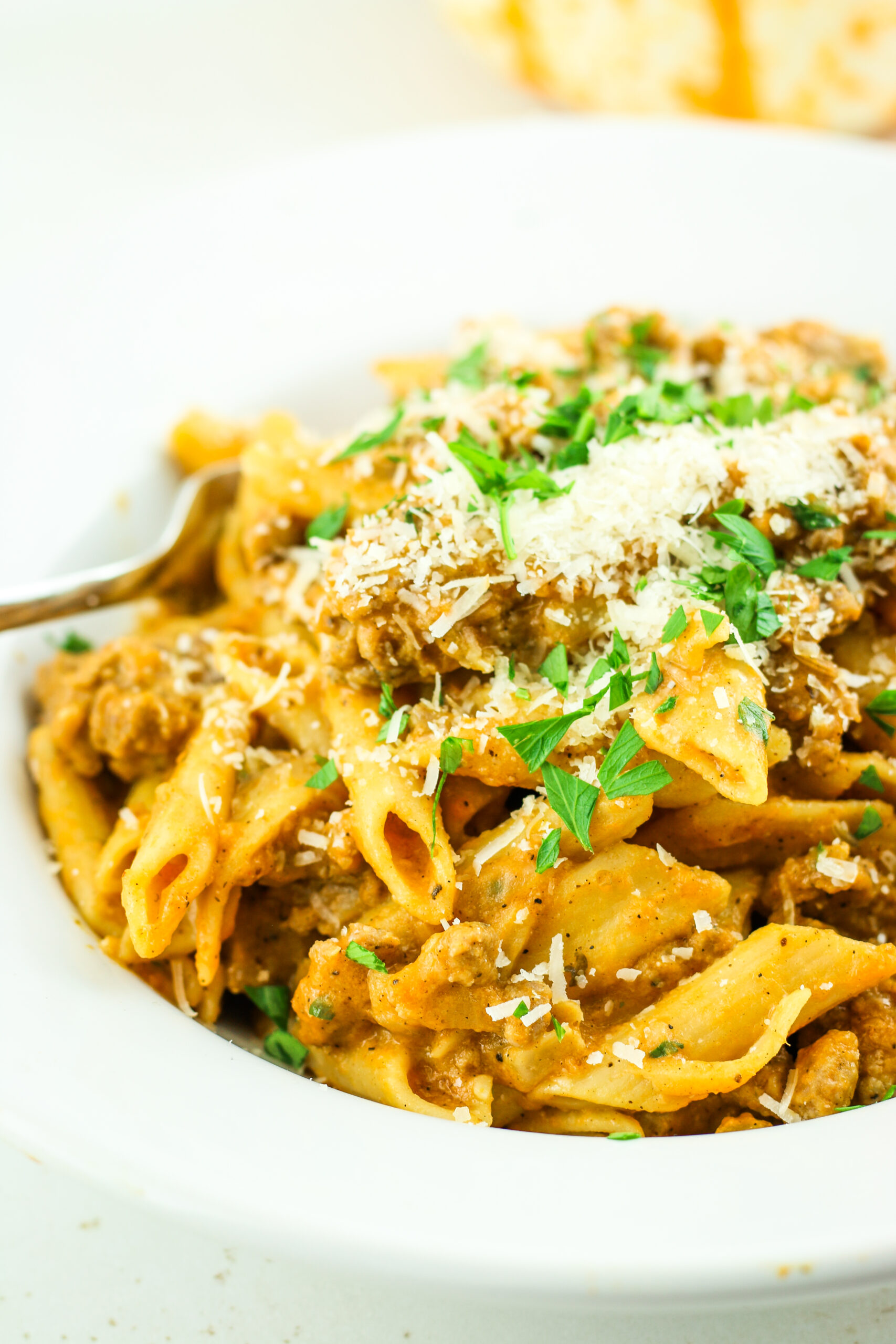 Bowl of cozy Cottage Cheese Pumpkin Sausage Pasta.