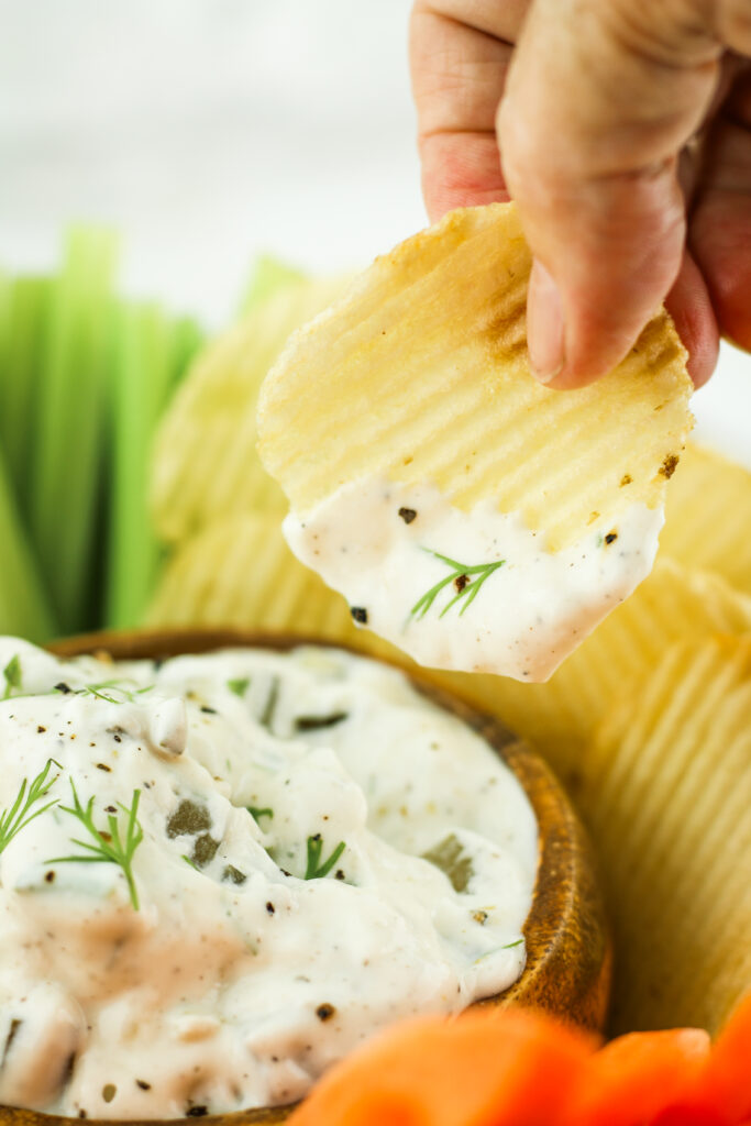 High protein dill pickle cottage cheese dip.