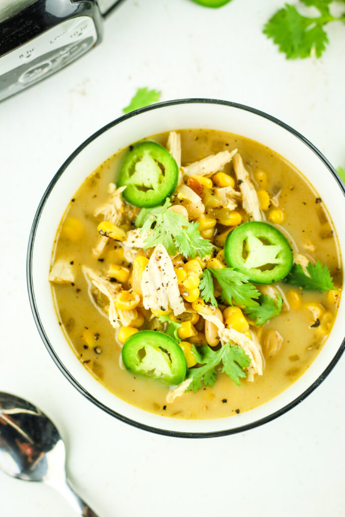 Crockpot white chicken chili with cottage cheese.
