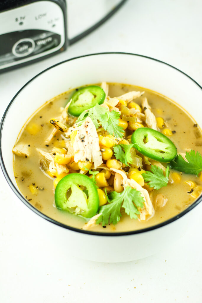 Crockpot white chicken chili with cottage cheese.